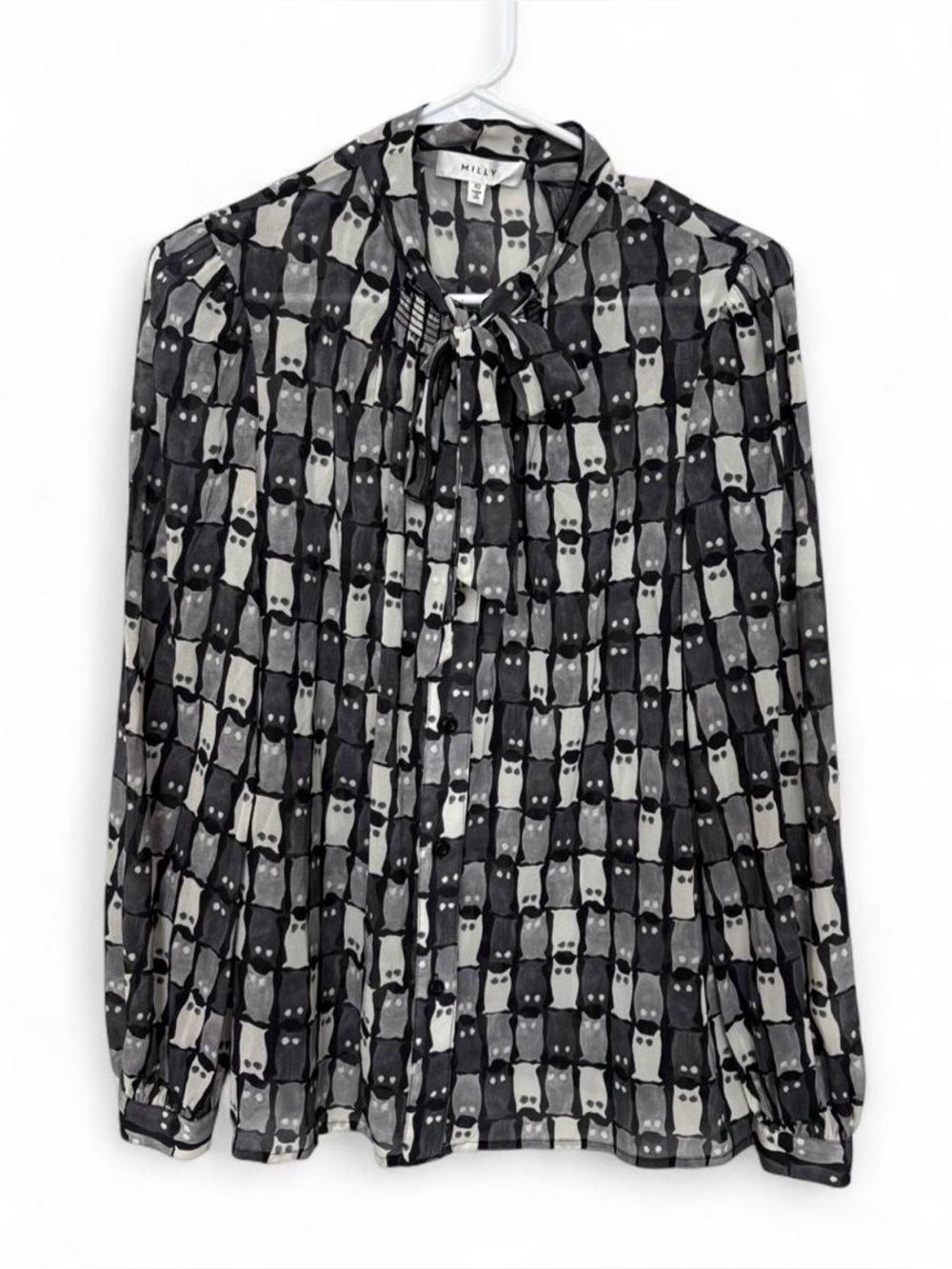 Milly Black White Owl Print Silk Neck Tie Button Down Blouse Size 10 Statement